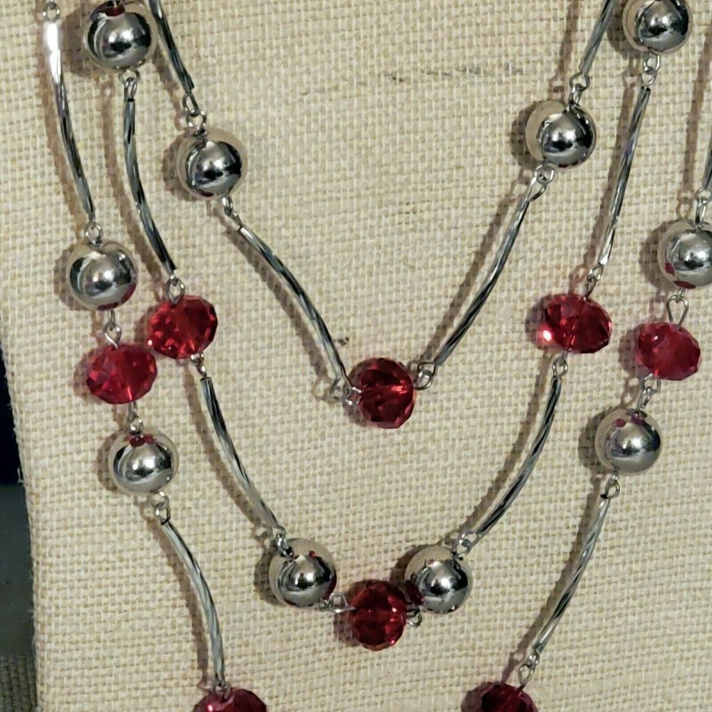 Handcrafted Art Deco Red Silver Draped Multistrand Glass Metal Beads Necklace - Picture 5 of 8